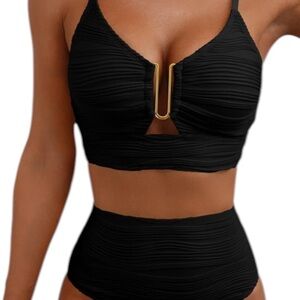 Herseas Textured Black High-Waist Bikini Set with Gold U-Bar Accent Medium